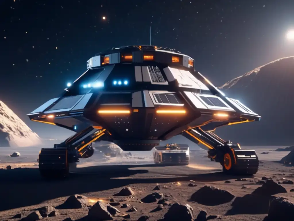 Gestión recursos asteroides: Imagen impactante de mina espacial futurista en asteroide, con nave, brazos robóticos y tecnología avanzada