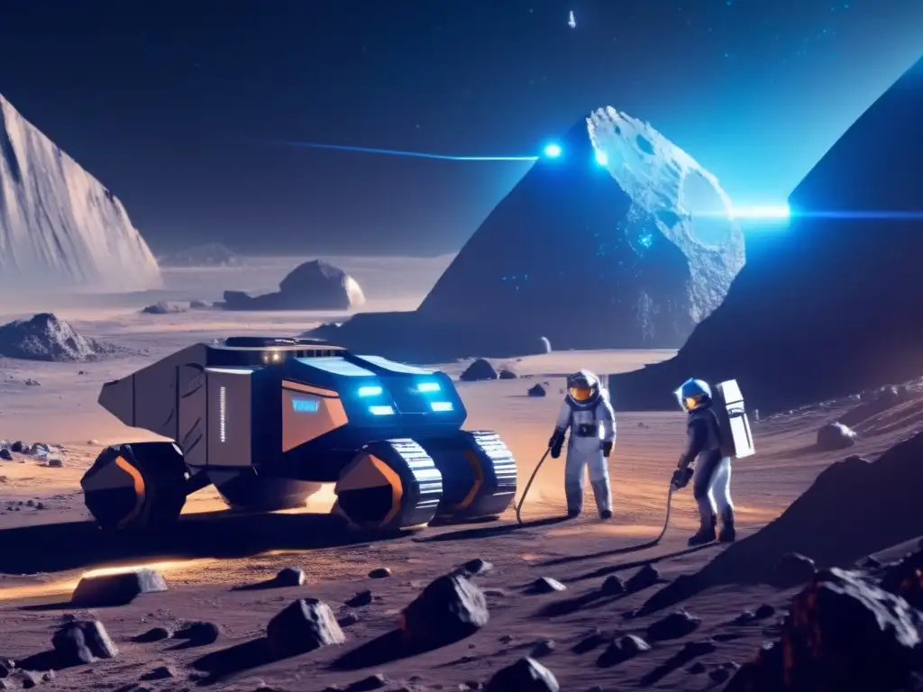 Astronautas minando asteroides Operación de extracción de recursos en asteroides: Infraestructura espacial avanzada