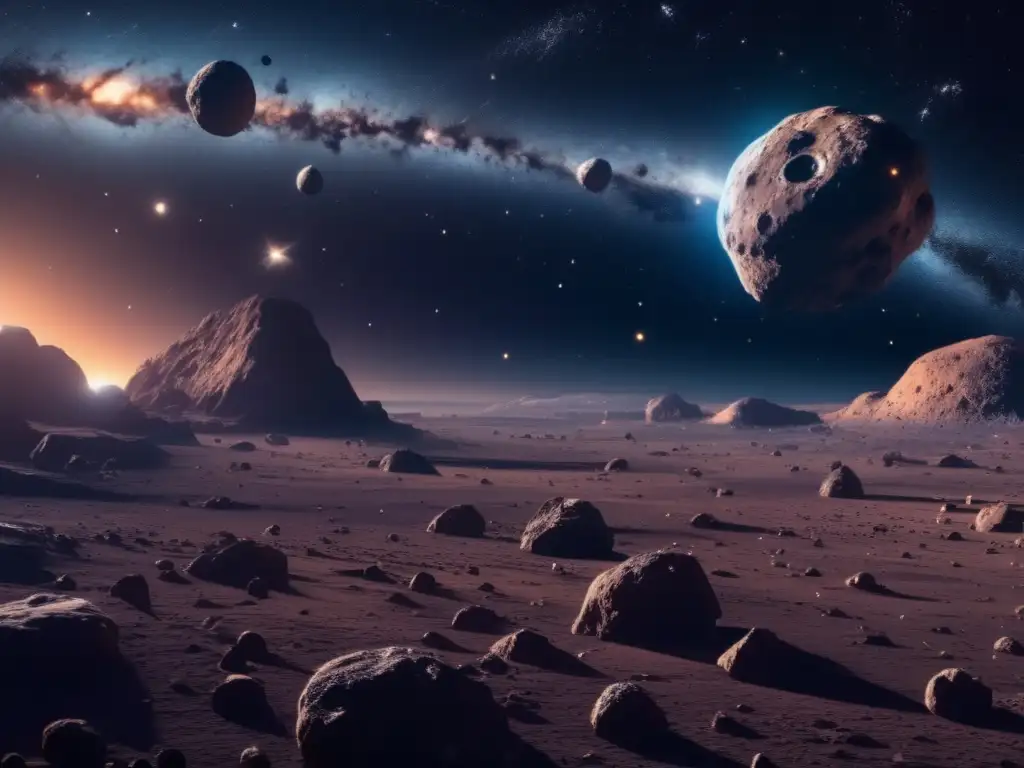 Exploración de asteroides y regulaciones internacionales Exploración y recursos de asteroides: vista impresionante 8k del espacio, asteroides, luz etérea, colores vibrantes