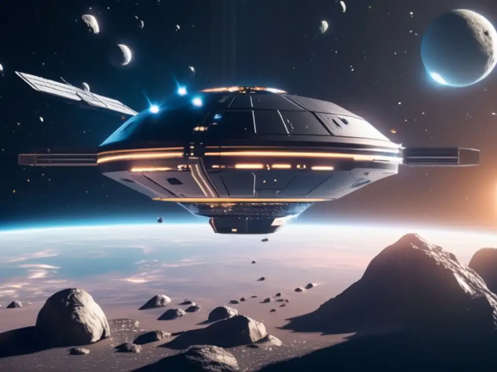 Exploración ética de recursos espaciales en estación espacial futurista rodeada de asteroides