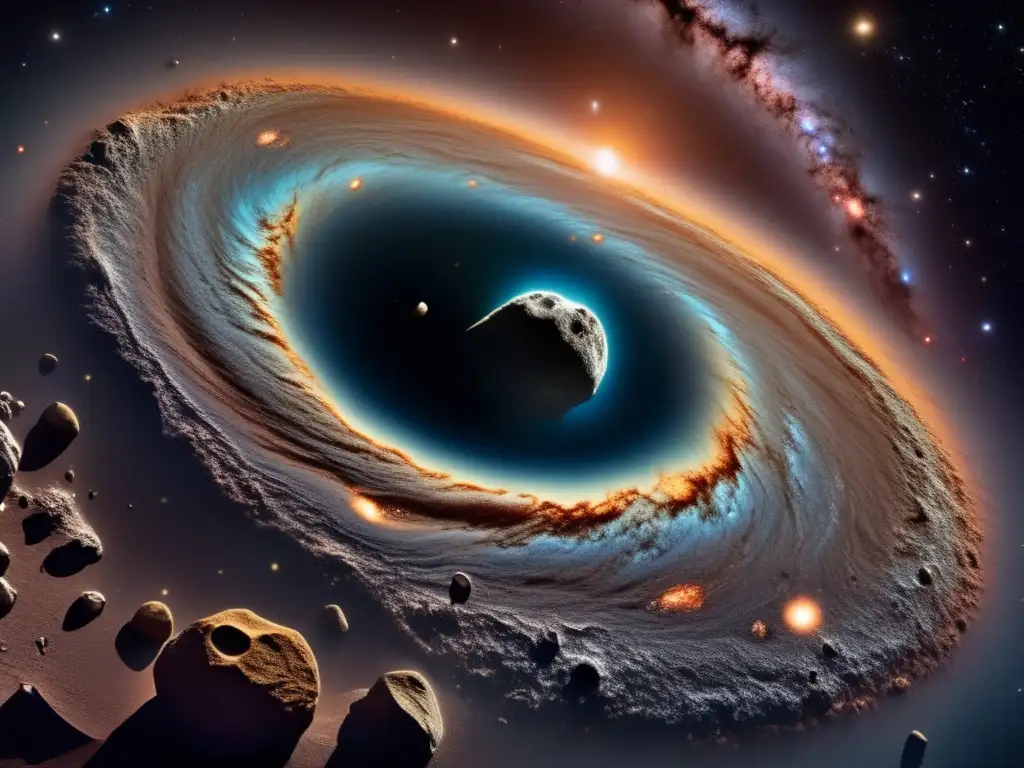 Exploración ética de recursos espaciales: Impresionante vista del espacio con galaxias, asteroides y nebulosas en una paleta de colores moderna
