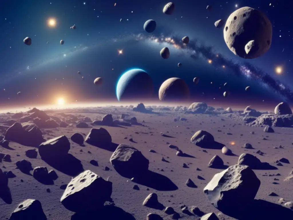 Campo de asteroides y nave minera futurista Recursos minerales en asteroides: imagen detallada de un campo de asteroides en el espacio, mostrando diversos tipos y características