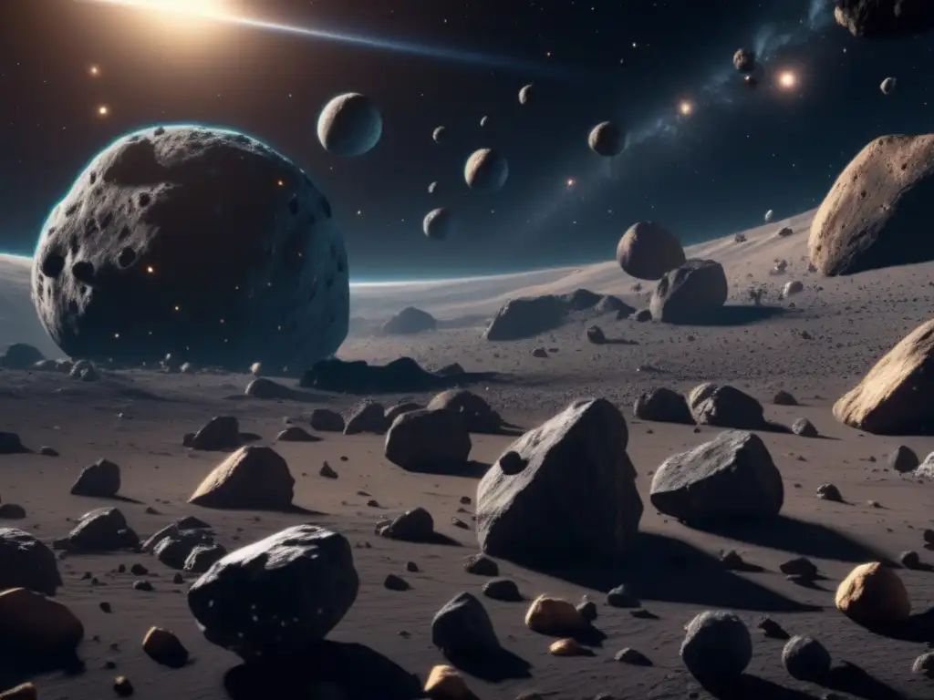 Asteroide: belleza y riqueza minera Recursos minerales en asteroides: impresionante imagen 8k de un vasto campo de asteroides en el espacio, con detalles intrincados y colores vibrantes