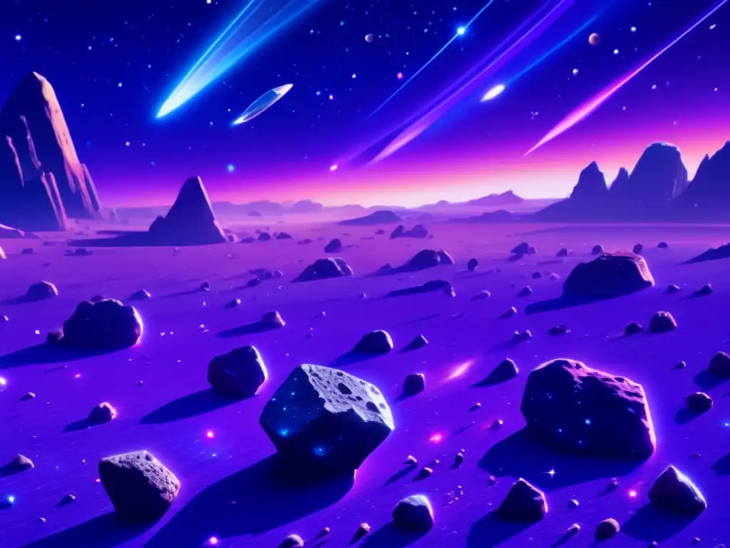 Impresionante campo de asteroides: belleza y recursos espaciales Recursos minerales en asteroides: Impresionante imagen de un campo de asteroides en el espacio, con variedad de composiciones y colores