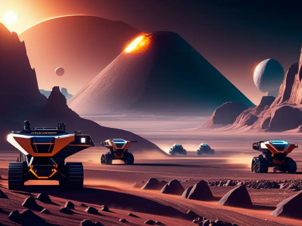 Operación minera futurista en planeta extraterrestre Extracción y refinamiento de minerales extraterrestres con tecnología avanzada