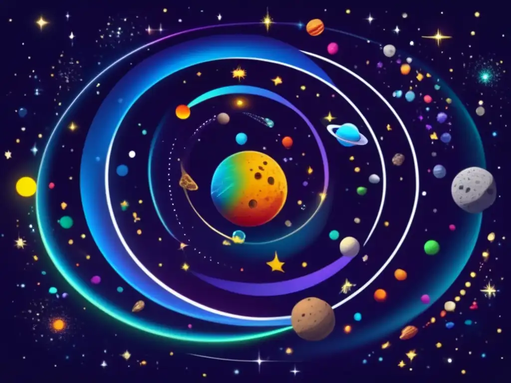 Contraste órbitas cometas y asteroides Relación órbitas asteroides cometas: escena celeste con asteroides y cometas en órbitas distintas, contrastando formas y trayectorias