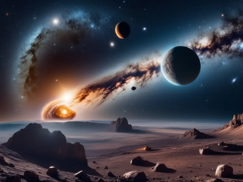 Asteroida y cometa en danza gravitatoria Relación órbitas asteroides cometas: impresionante imagen 8k detallada, espacio vasto, asteroide rocoso, cometa brillante