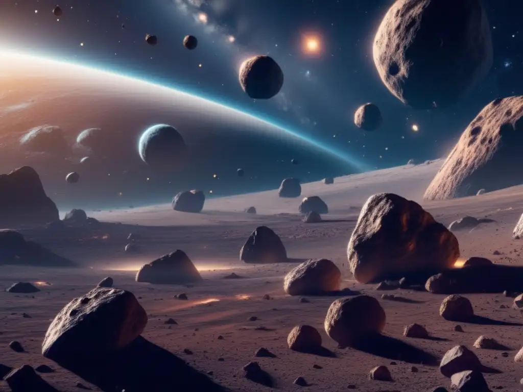 Espectacular paisaje espacial con asteroides y nave minera Relatos cortos sobre asteroides: Escena espacial con asteroides, nave minera y tecnología avanzada