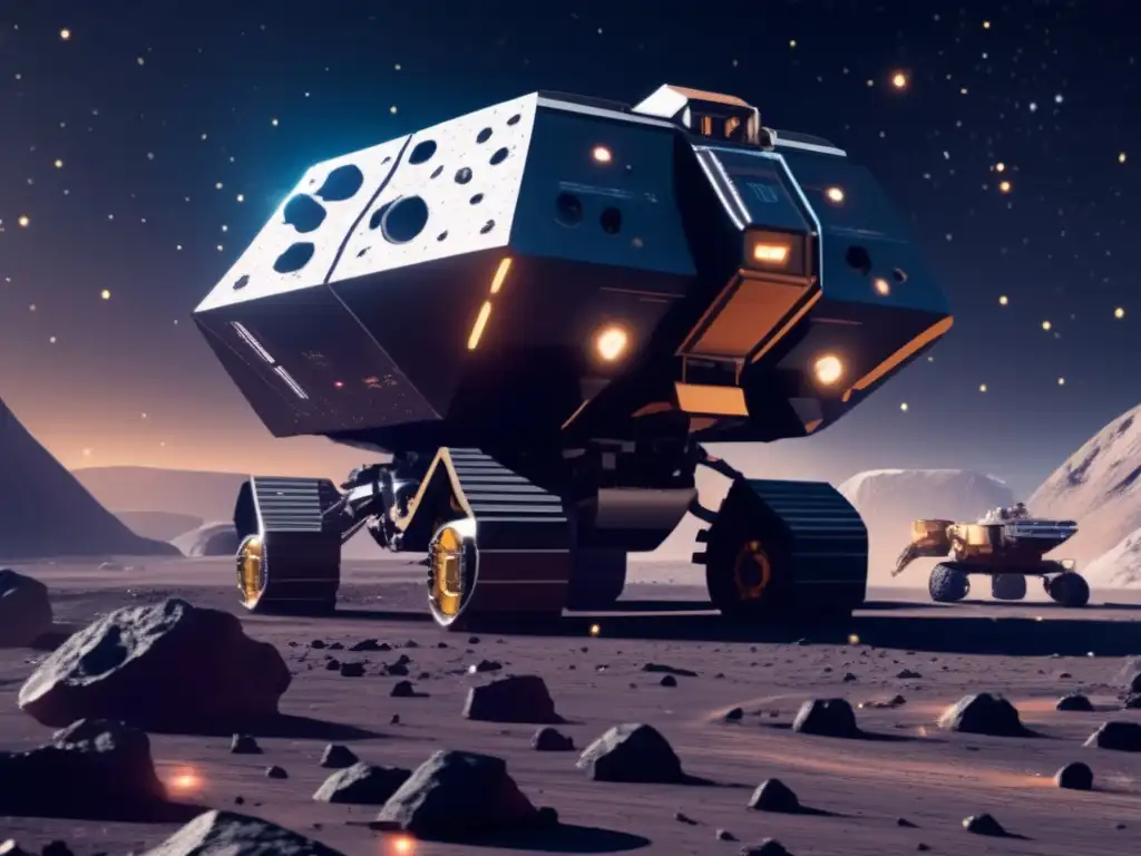 Minería espacial futurista en asteroide Rentabilidad minería asteroides en escena futurista de extracción de recursos en un asteroide, con robots avanzados y belleza celestial