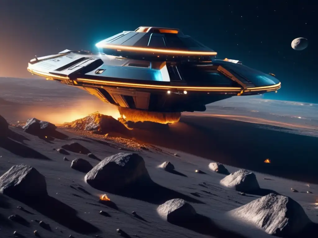 Futuro minero espacial Rentabilidad minería asteroides: Nave espacial minera futurista sobre asteroide brillante, equipo científico y tecnología avanzada