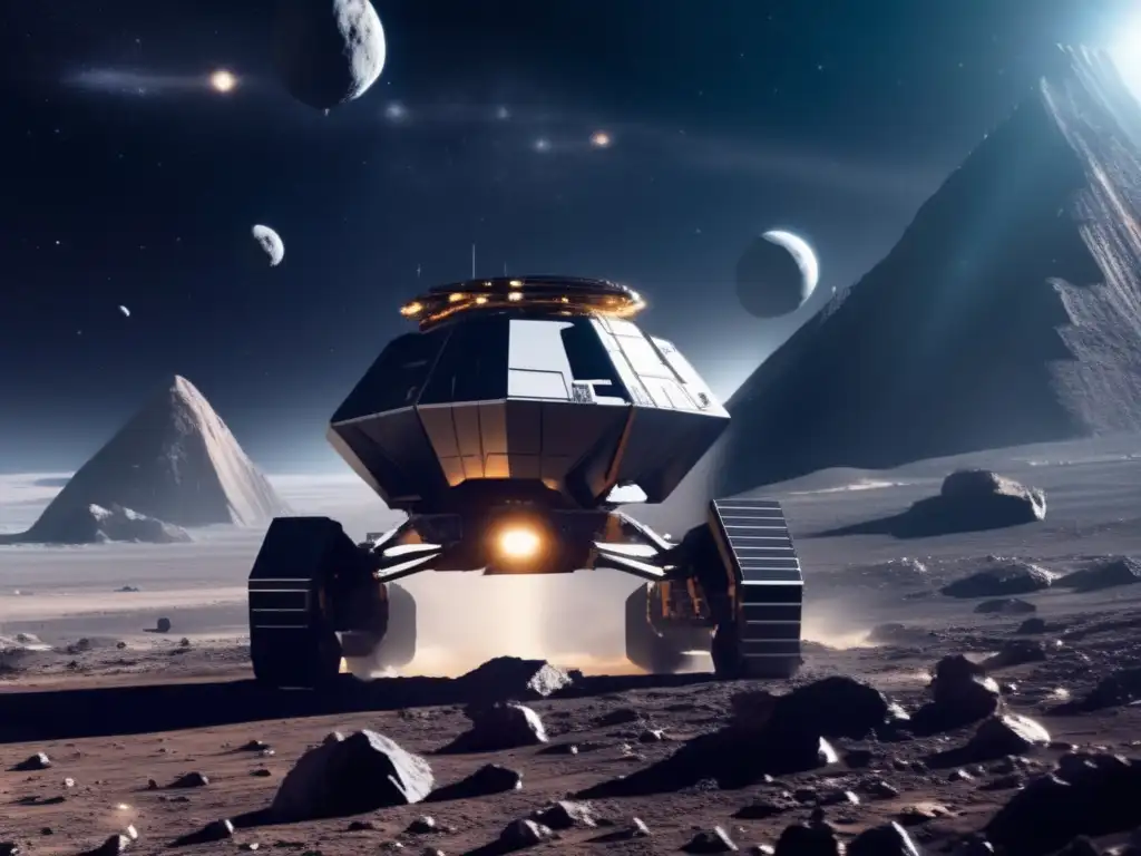 Minería espacial futurista Rentabilidad asteroidal: mina espacial futurista con tecnología avanzada, astronautas, recursos valiosos, fusión tecnológica y exploración espacial