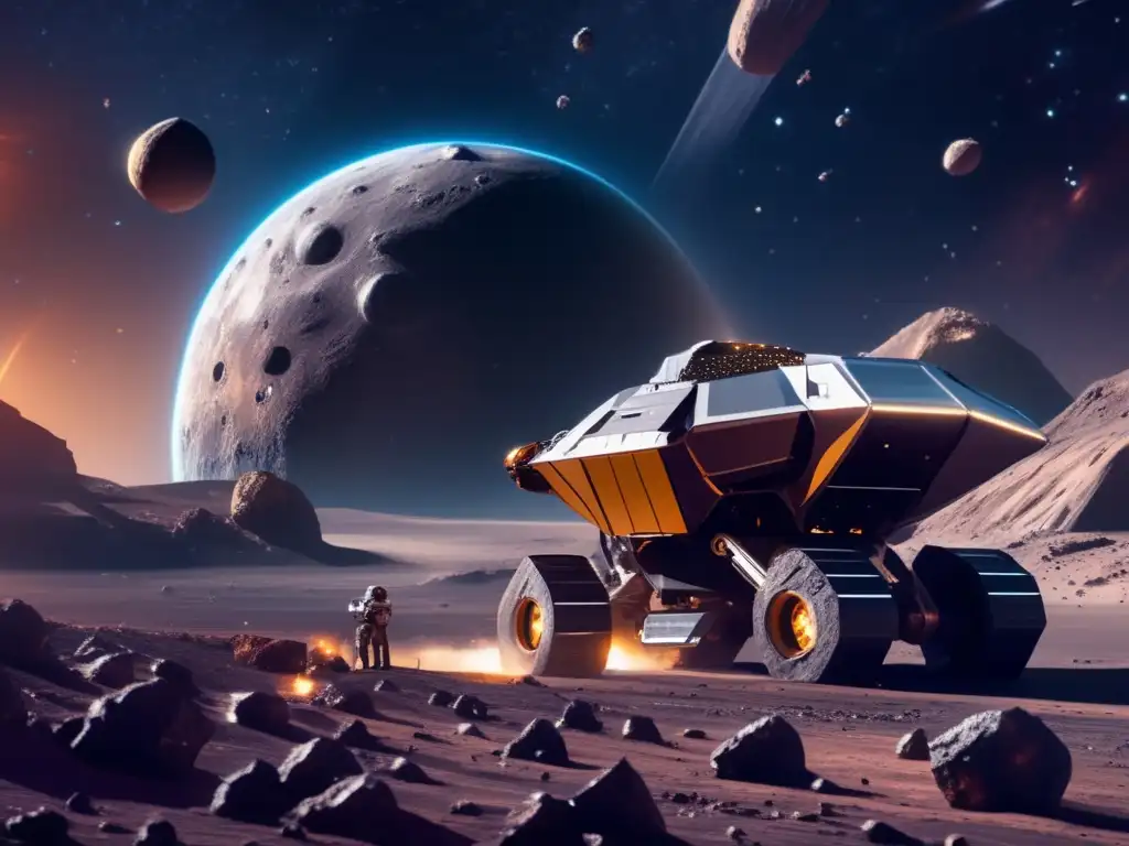 Operación minera espacial en asteroide distante Rentabilidad minería asteroides: Operación minera espacial en asteroide con tecnología avanzada, extracción de recursos y promesa de ganancias