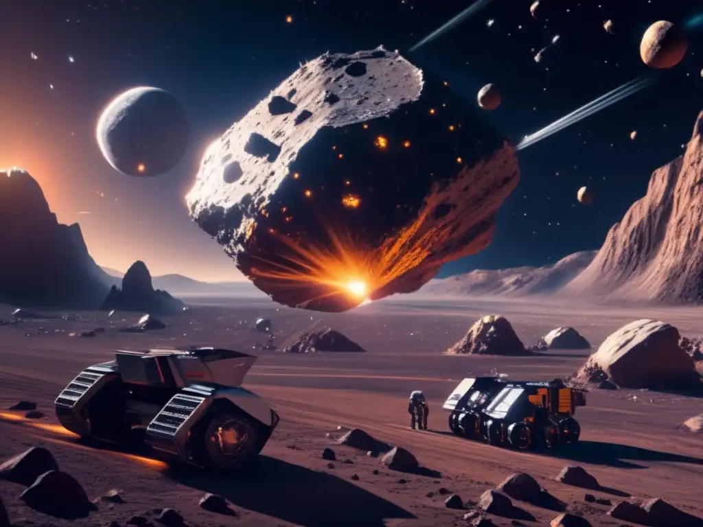 Operación de minería espacial futurista en asteroide Rentabilidad minería asteroides: Operación minera futurista en un campo de asteroides con naves espaciales y recursos valiosos