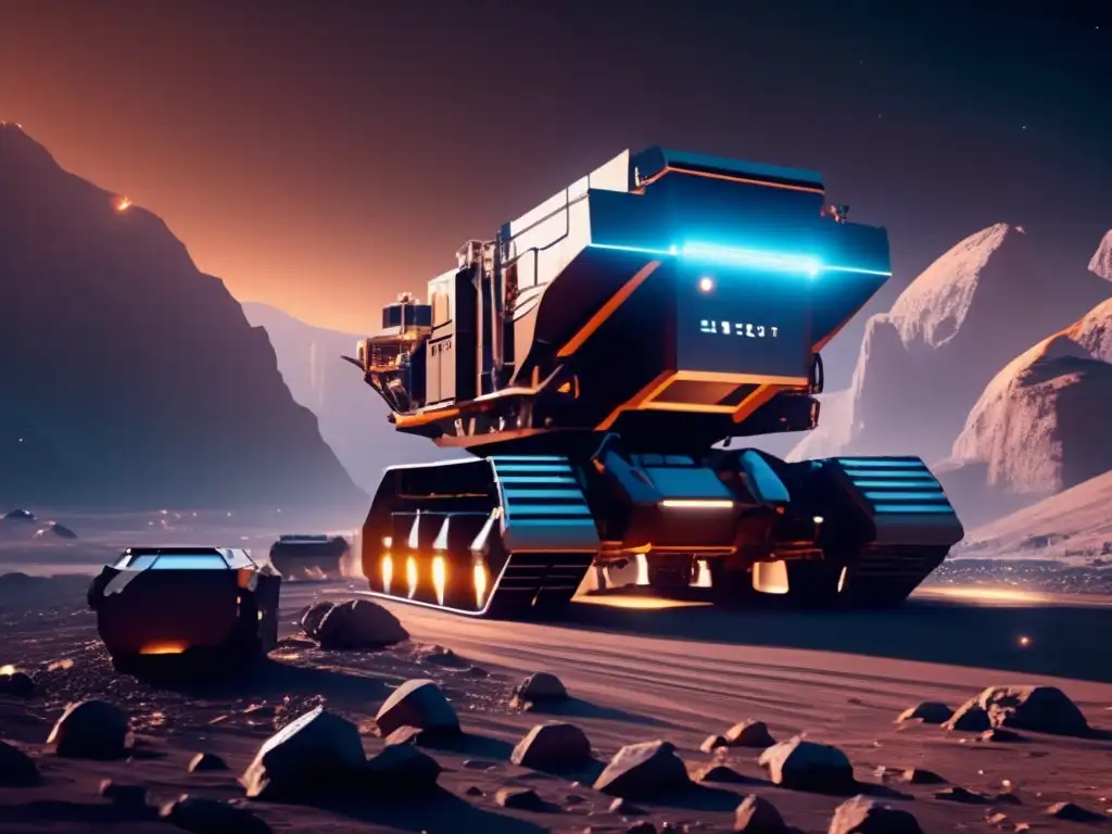 Máquina minera futurista en asteroide Rentabilidad de la minería de asteroides en una imagen 8k ultradetallada de una operación minera futurista en un asteroide