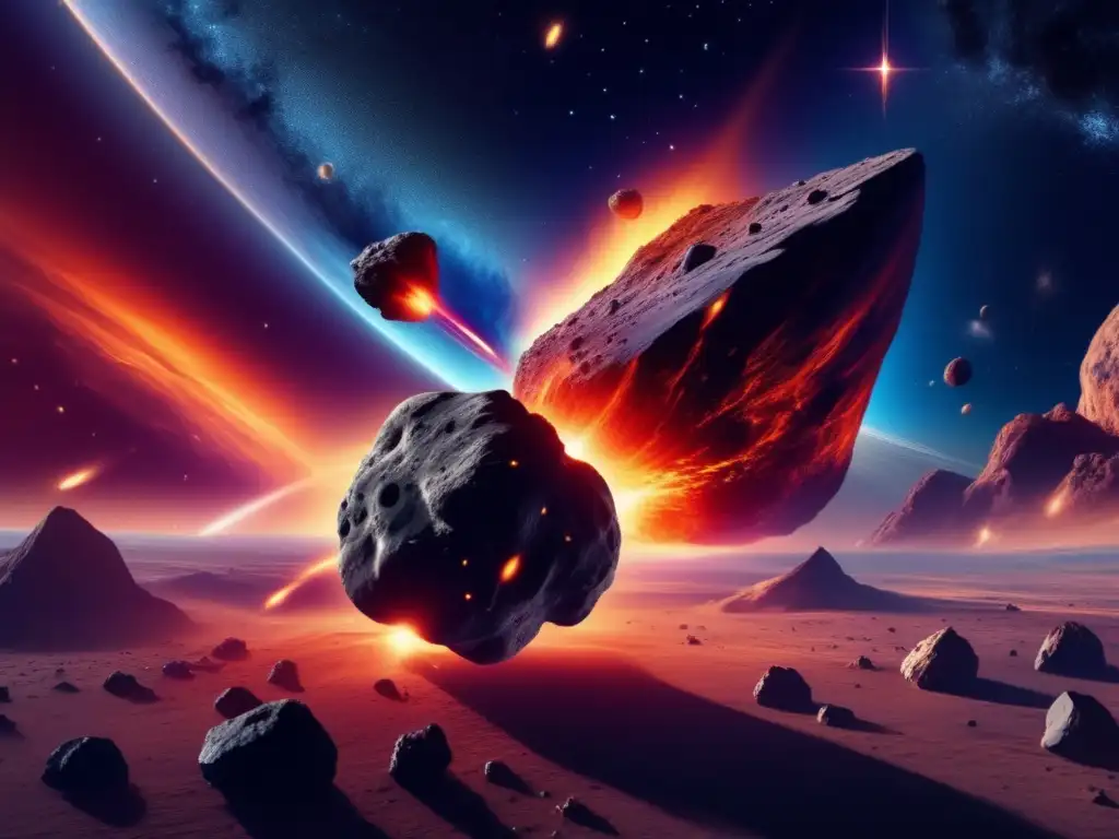 Impacto cósmico entre asteroides Resonancias en impacto de asteroides: colisión cósmica entre dos asteroides, energía y destrucción en el espacio