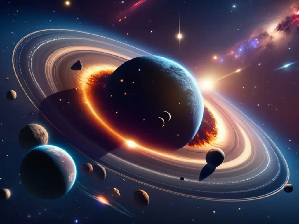 Maravillosa danza cósmica de asteroides y planetas Resonancias sincrónicas asteroides planetas en una imagen cósmica de 8k mostrando una danza hipnotizante de órbitas entrelazadas