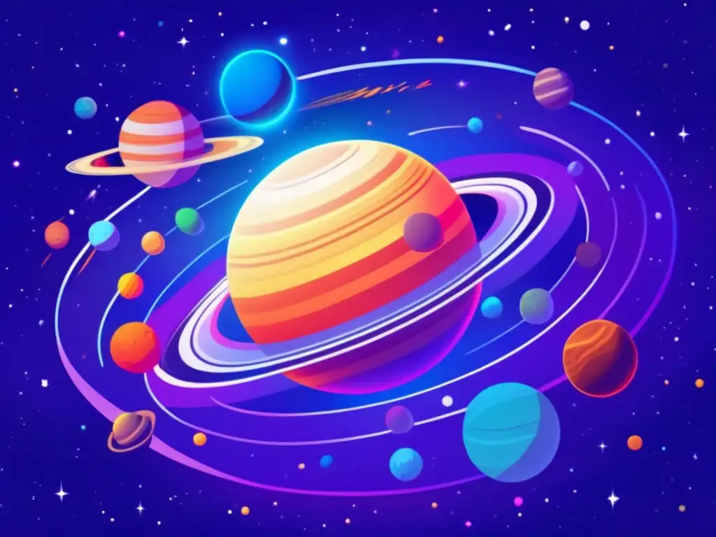 Sistema solar armonioso, planetas y asteroides en sincronía Resonancias sincrónicas de asteroides y planetas en un sistema solar vibrante y colorido