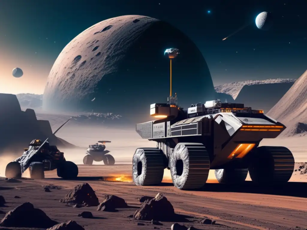 Retos legales en explotación de recursos extraterrestres: Detallada imagen 8K muestra futura explotación espacial en asteroide