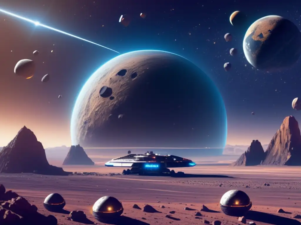 Estación minera futurista en el espacio Riesgo asteroides cercanos a la Tierra en escena espacial