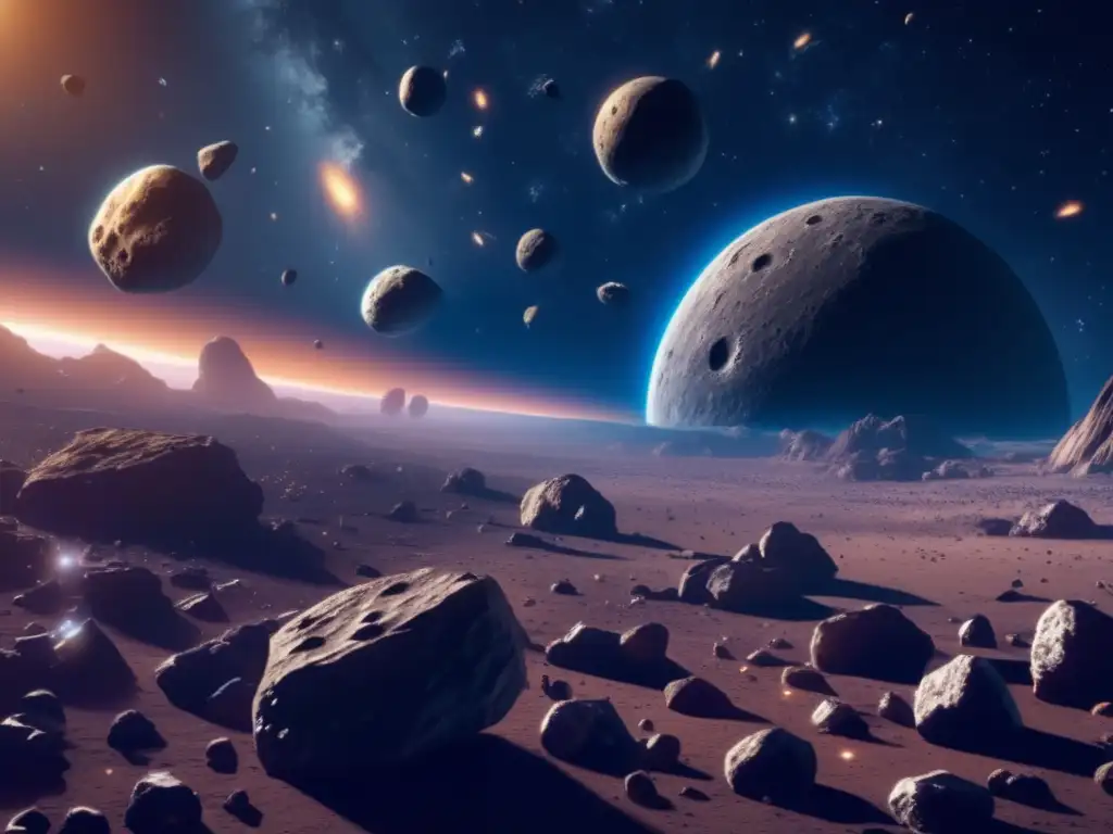 Riesgos y beneficios de los asteroides en un campo de asteroides 8k detallado y vibrante en el espacio