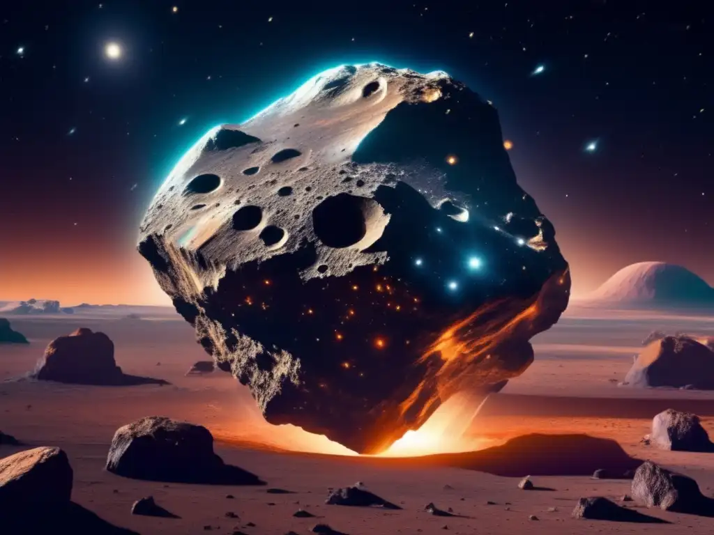 Impresionante asteroide en el espacio Riesgos de impacto de asteroides: Impresionante imagen de un asteroide masivo flotando en el espacio, con detalles intrincados en su superficie rugosa