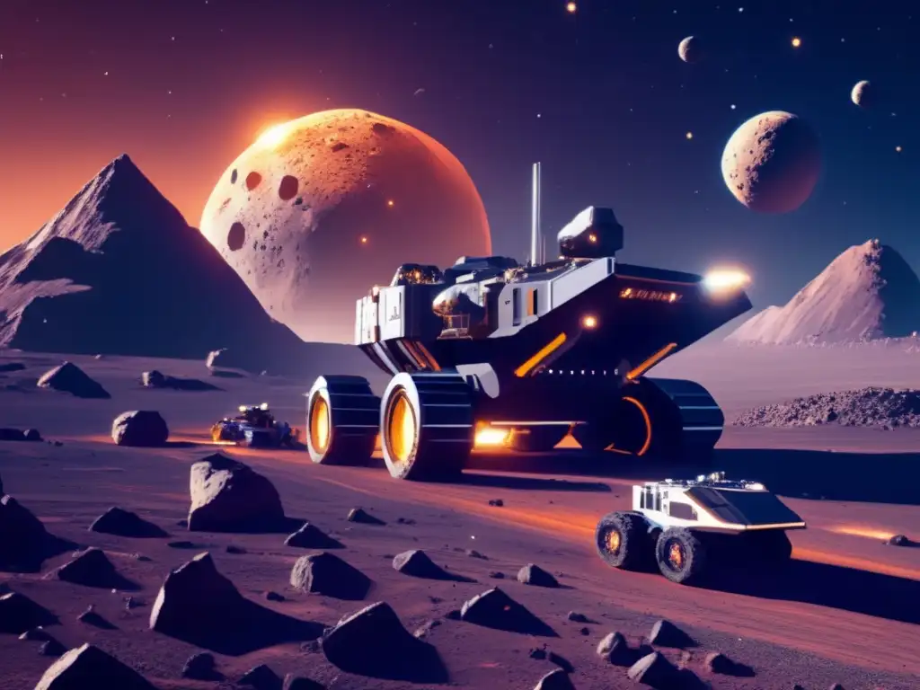Riqueza oculta asteroides minería espacial: Imagen detallada 8k de operación minera futurista en asteroide