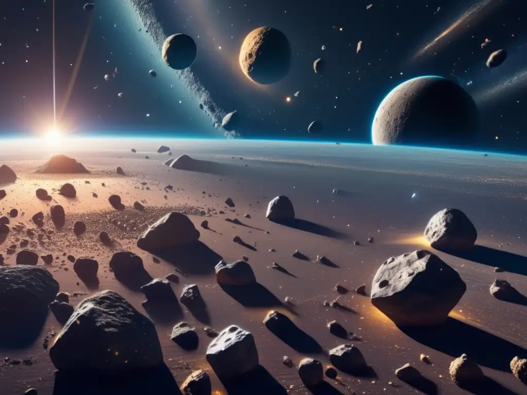 Espectáculo estelar: el cinturón de asteroides Riqueza oculta asteroides: Espectáculo visual de asteroides metálicos y rocosos en el espacio, reflejando la luz solar y revelando secretos cósmicos