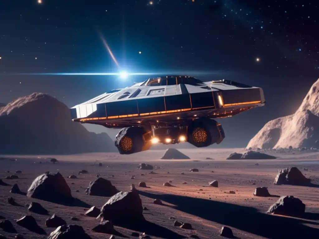 Minería espacial: nave futurista en asteroide Riqueza oculta en asteroides: Futuro spacecraft minero extrae recursos valiosos en un asteroide brillante