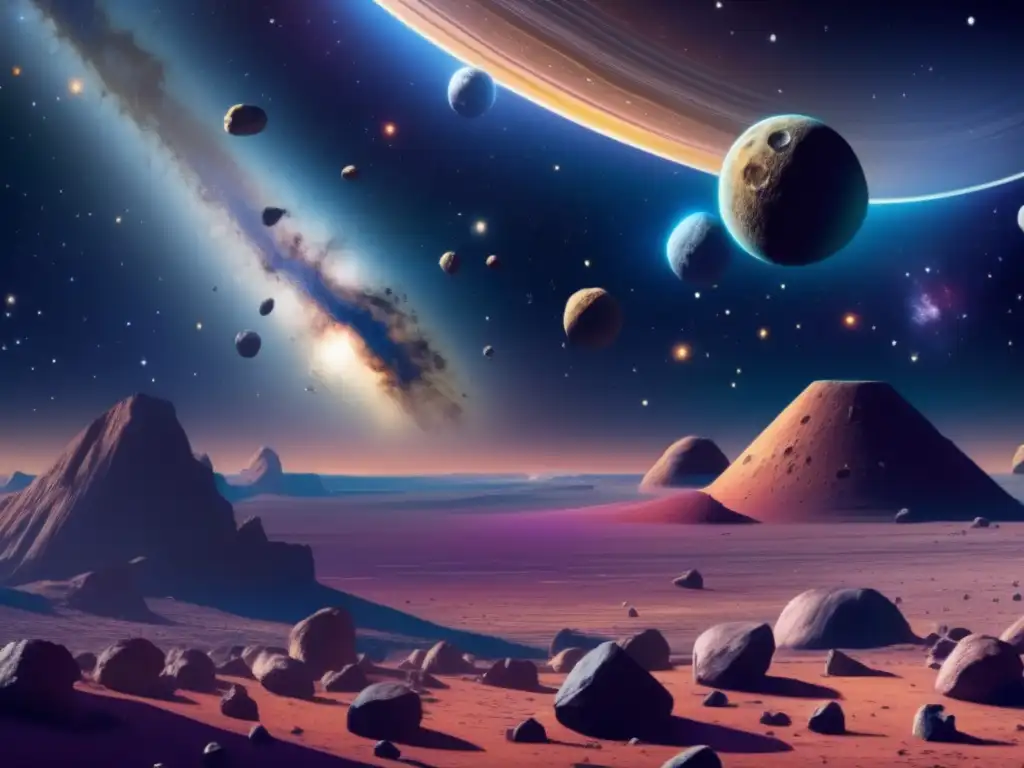 Asteroid belt: riqueza y misterio Riqueza oculta asteroides: vasto cinturón de asteroides con colores vibrantes y detalles intrincados, revelando su potencial misterioso