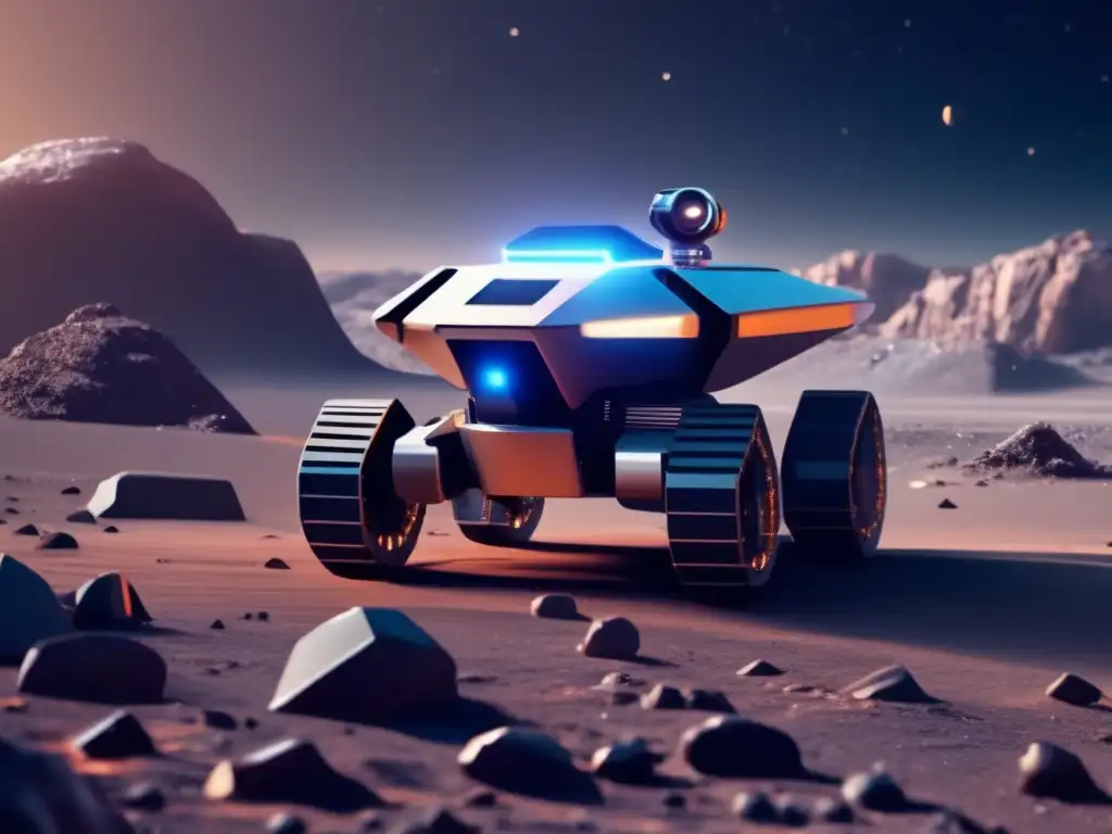 Robot autónomo explorando asteroide: imagen 8K futurista con diseño moderno, sensores avanzados y paisajes cósmicos