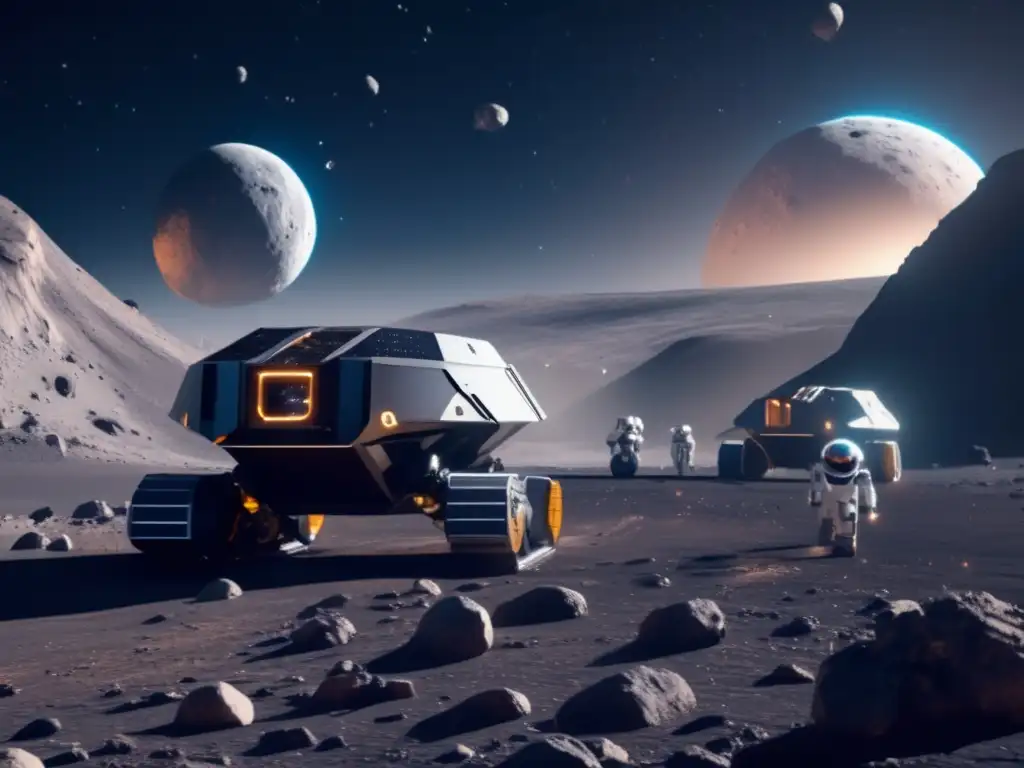 Robots autónomos en operación minera en asteroide: Futurista imagen 8k mostrando avanzada exploración espacial