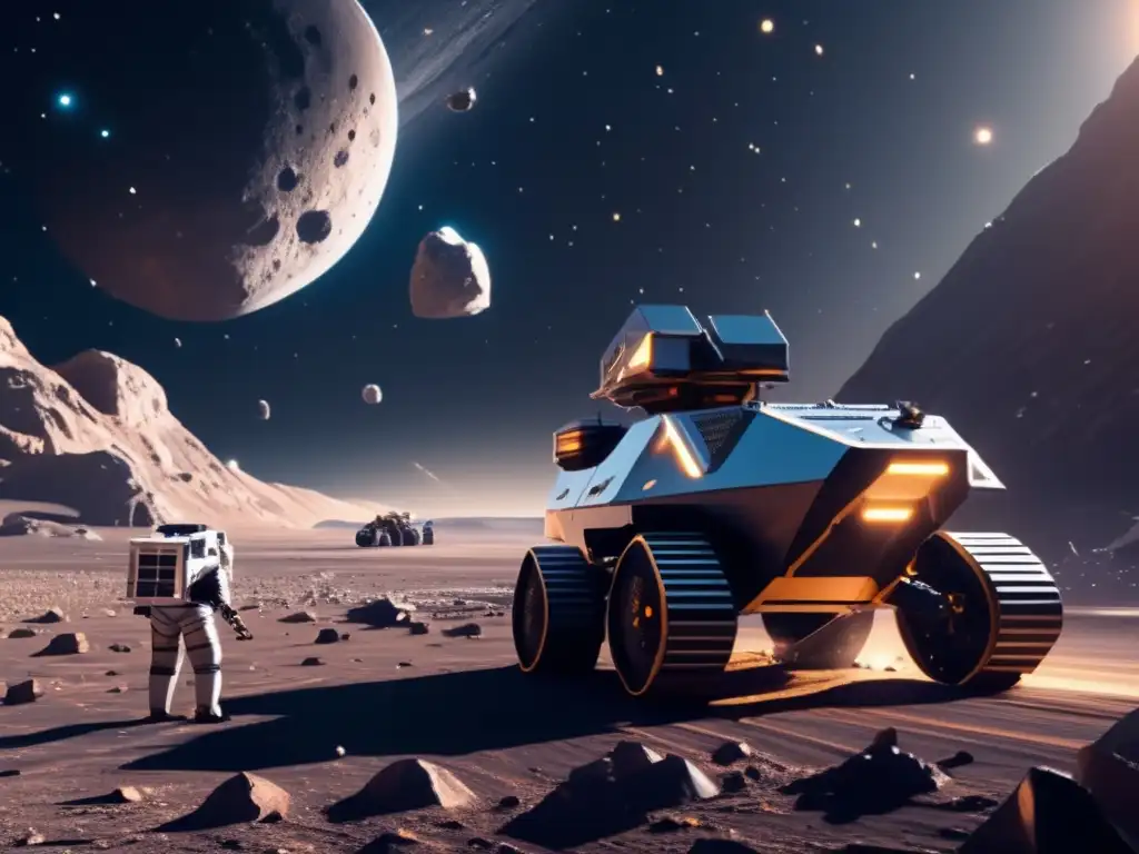 Minería futurista en asteroide Robots autónomos en minería de asteroides en acción