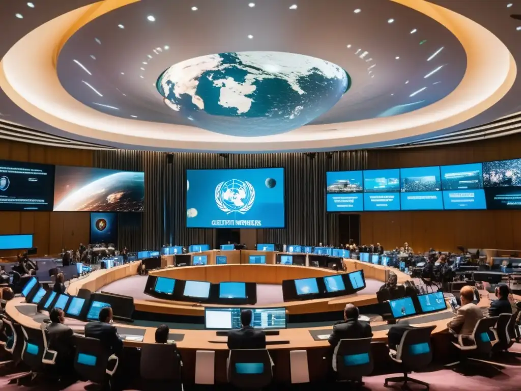 Delegados discutiendo tratados espaciales Sala de conferencias de la ONU, delegados discuten tratados internacionales sobre asteroides