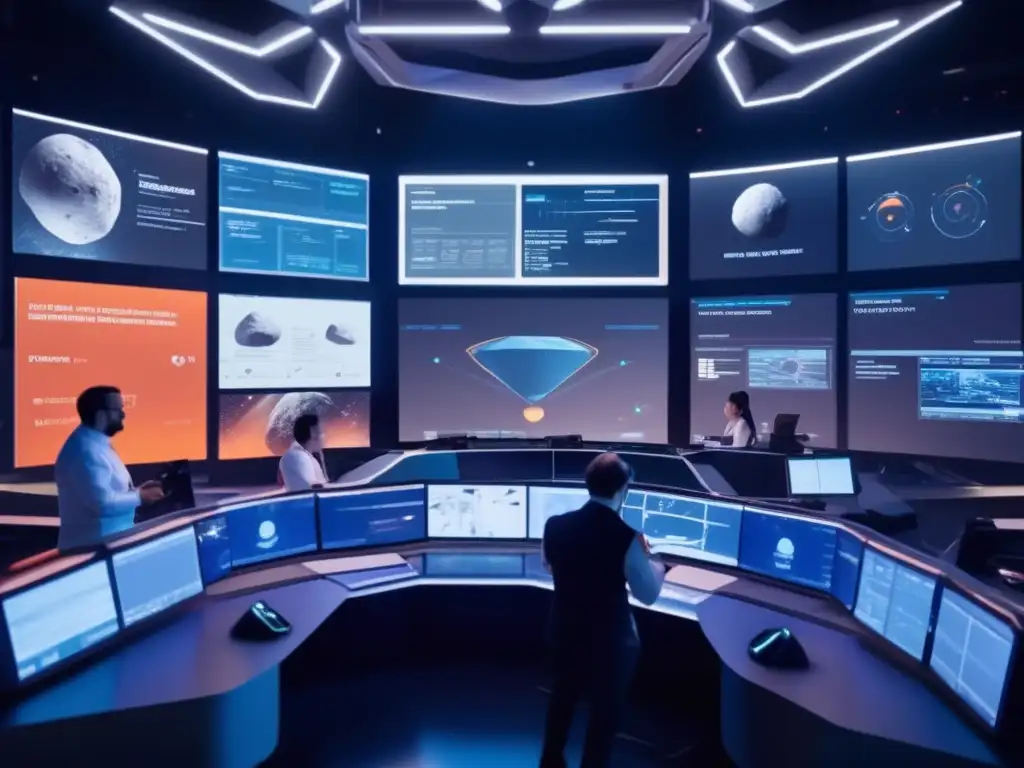 Control room de alta tecnología en preparación para impacto de asteroides Sala de control futurista: simulaciones de impacto de asteroide, preparativos y planes de contingencia