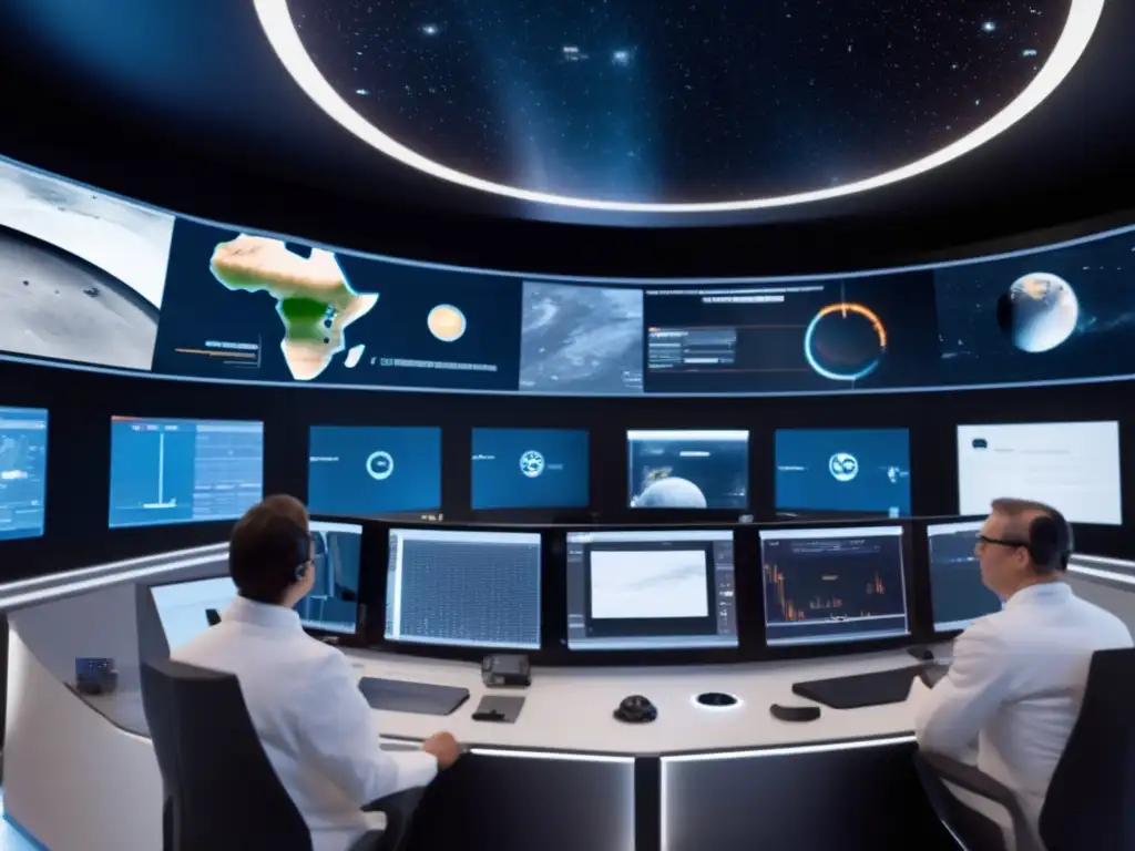 Control de asteroides en sala futurista Sala de control para monitoreo global de asteroides - Tecnología avanzada, científicos analizan datos y estrategias