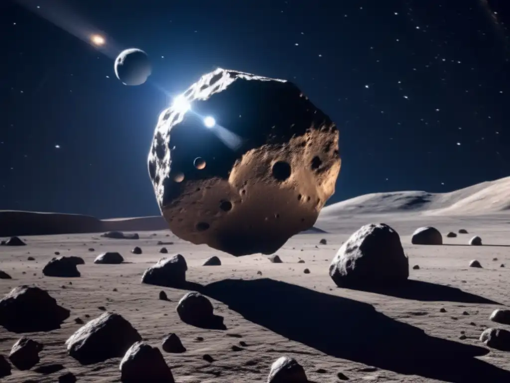Satélite en órbita de asteroide Exploración satelital de asteroides en el espacio: imagen impactante de un satélite orbitando un enorme asteroide