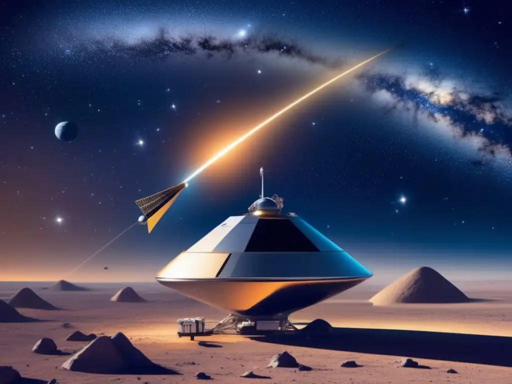 Exploración espacial: Satélite futurista y estrellas Exploración satelital de asteroides en el espacio