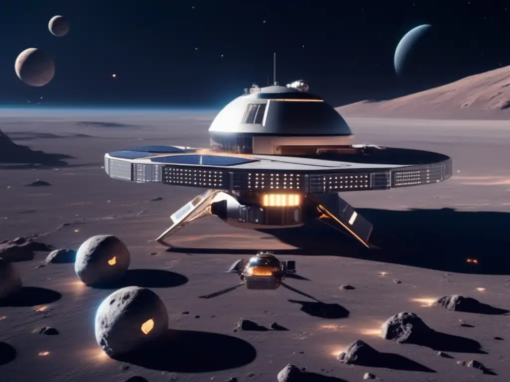 Estación espacial futurista orbitando asteroide Exploración satelital de asteroides en una estación espacial futurista rodeada de un asteroide, astronautas y tecnología avanzada