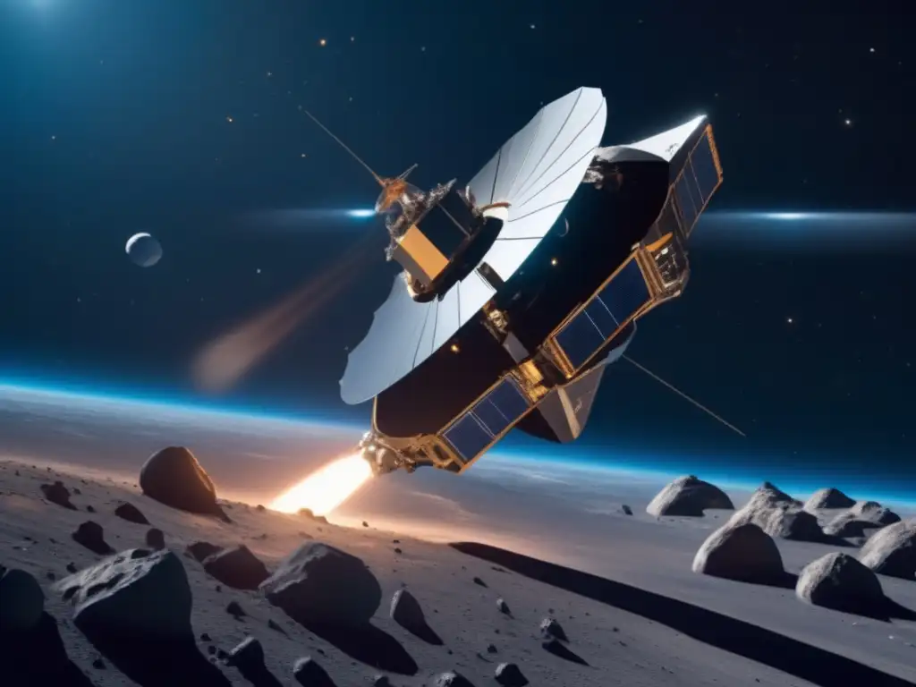 Satélite futurista y asteroide en el espacio Exploración satelital de asteroides: Futurista imagen 8K de un satélite sobre un asteroide, capturando datos detallados y conectado a la Tierra
