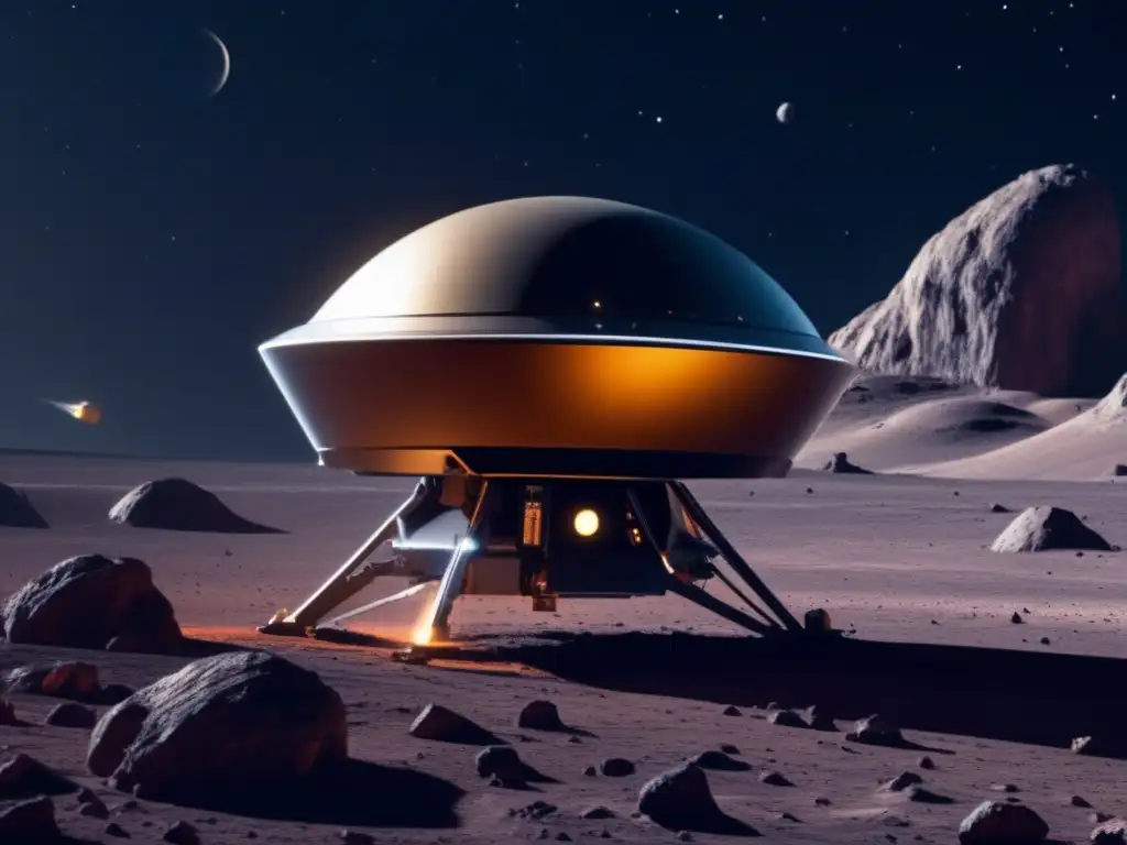 Sonda espacial futurista explorando asteroide Descripción: Exploración satelital de asteroides con sonda futurista y cosmos impresionante
