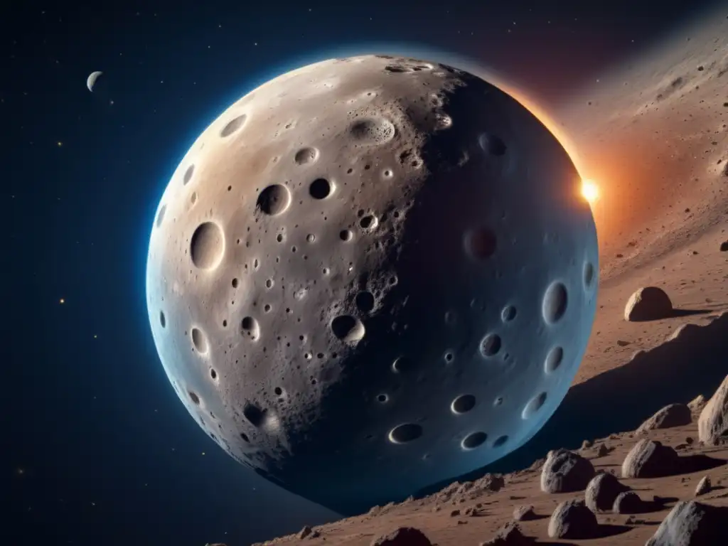 Impresionante imagen en 8k del asteroide Ceres en el espacio Descubriendo secretos del asteroide Ceres: imagen detallada 8k muestra su superficie rugosa y cráteres, con nave espacial en primer plano