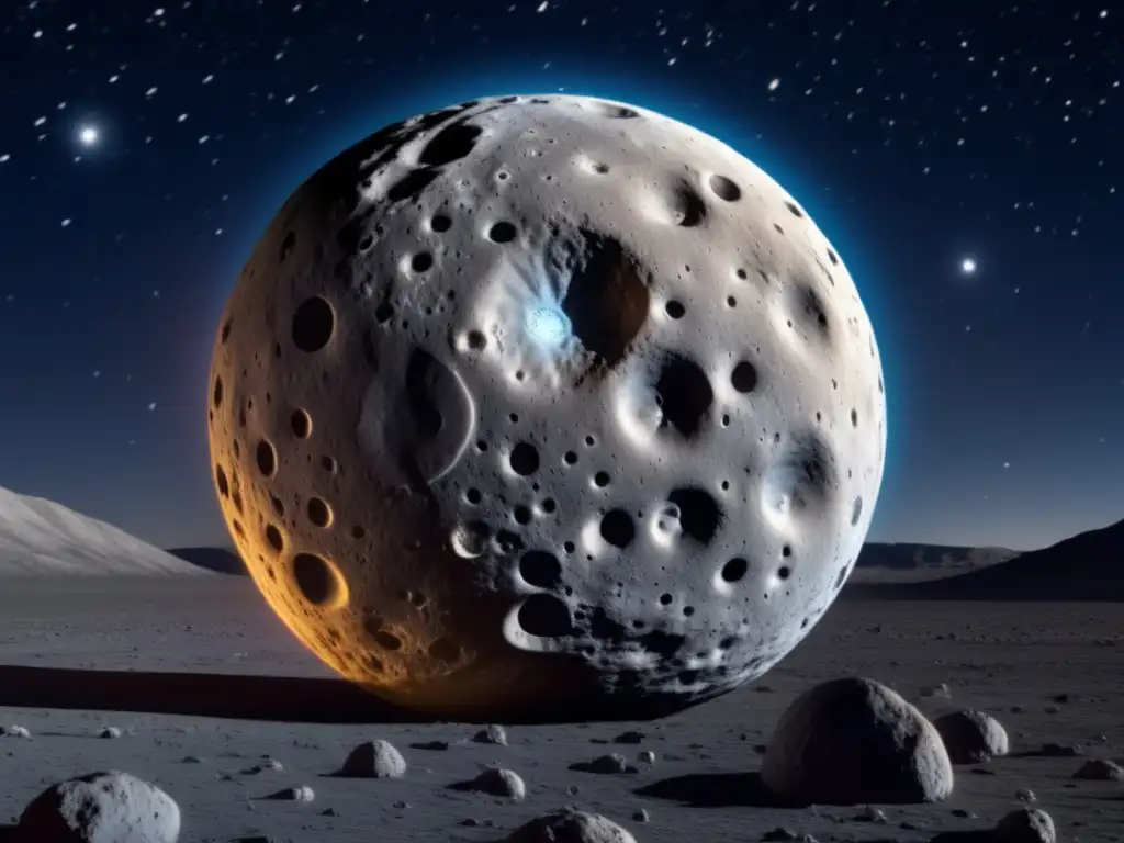 Detalle asombroso del asteroide Ceres 8k Descubriendo secretos del asteroide Ceres: imagen 8k de su belleza enigmática, cráteres prominentes, paisajes agrestes y puntos brillantes dispersos