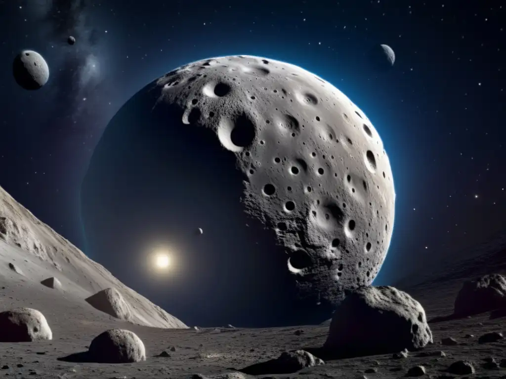 Impresionante imagen de asteroide Ceres en el espacio Descubriendo secretos del asteroide Ceres: imagen detallada de su superficie, cráteres, luz y sombras, y una nave espacial para escala