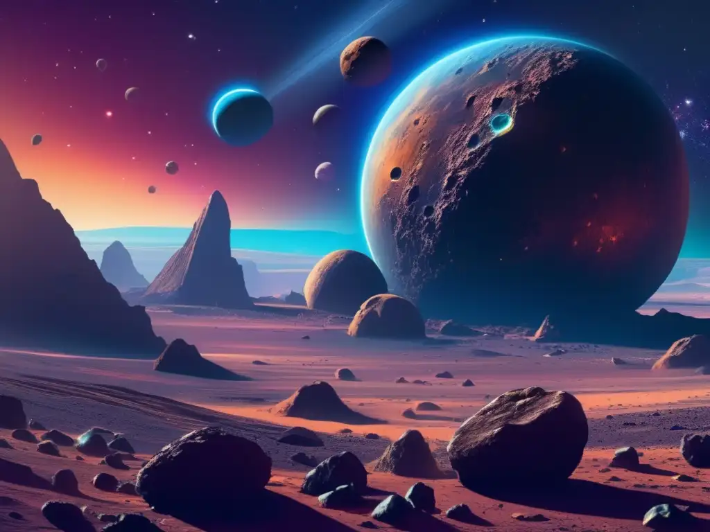 Espectacular paisaje cósmico con asteroides y galaxias Explorando los secretos de los asteroides: una imagen cósmica impresionante con colores vibrantes, detalles intrincados y planetas distantes