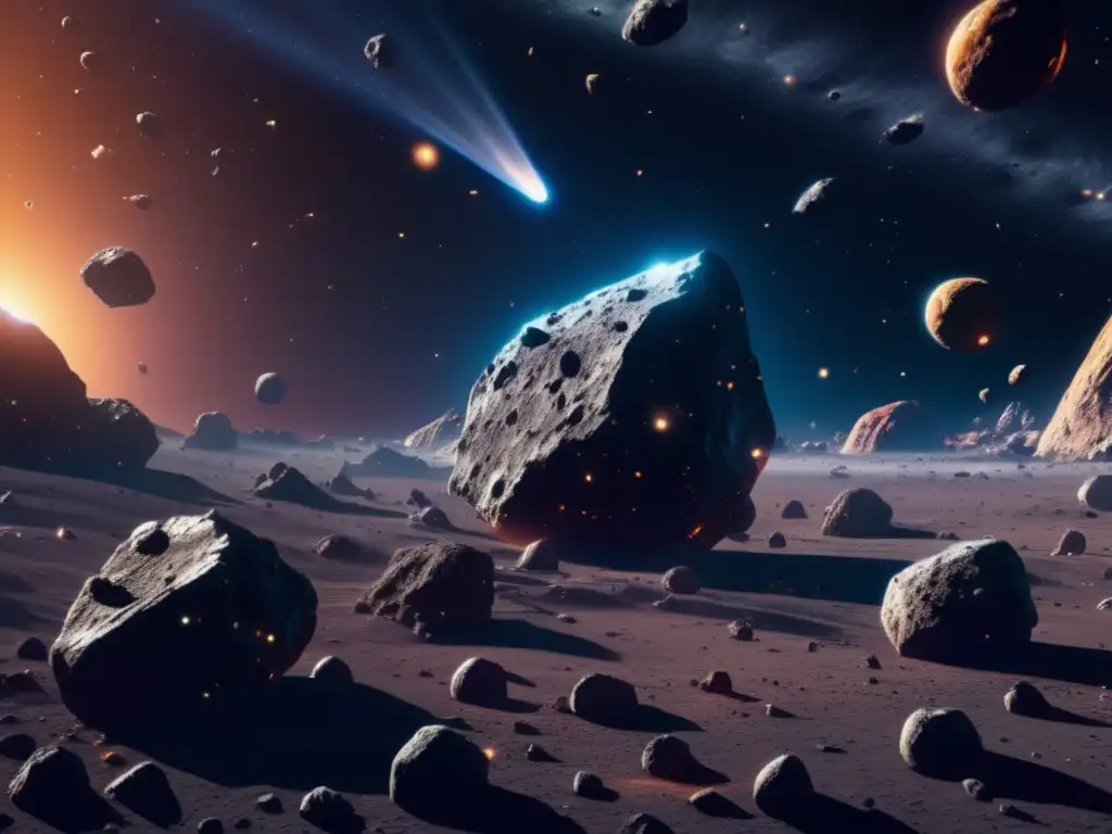 Impresionante campo de asteroides en 8k Explorando los secretos de los asteroides: imagen 8k ultradetallada de un campo de asteroides con diversos tamaños y formas flotando en el espacio