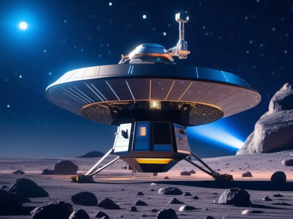 Sonda espacial en asteroide iluminado por estrellas Explorando secretos de asteroides: Sonda espacial de 8k en asteroide, instrumentos avanzados, galaxias y nebulosas
