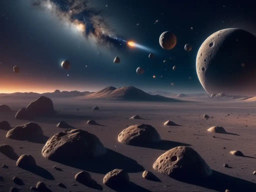 Impresionante vista del espacio con asteroides y una estación espacial Descubriendo secretos de asteroides troyanos en el espacio