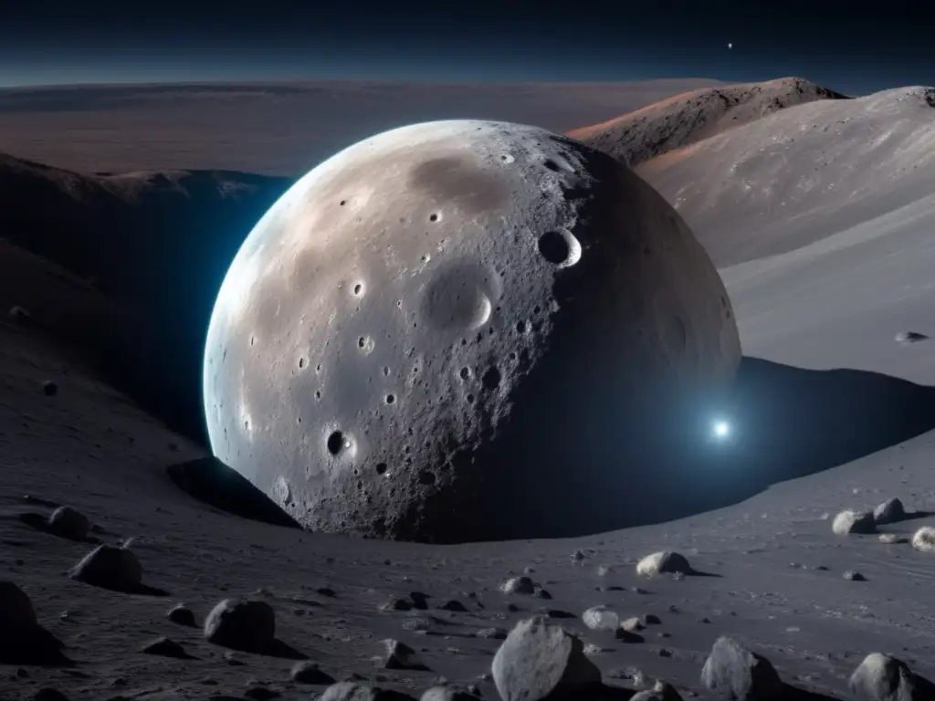 Exploración a Ceres: Superficie rocosa y misteriosos puntos oscuros Descubriendo secretos de Ceres: Imagen 8k impactante del planeta enano, con superficie rocosa y misteriosas manchas oscuras