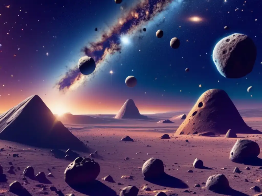 Asteroide minero avanzado Secretos historia cósmica asteroides: Imagen detallada de asteroides flotando en el espacio, con una nave espacial minera y recursos extraídos