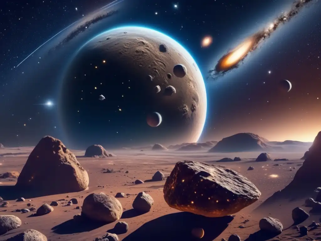 Asteroidas troyanos en el espacio Descubriendo secretos: imagen en 8k muestra espacio estelar con asteroides troyanos orbitando L4 y L5 de Júpiter